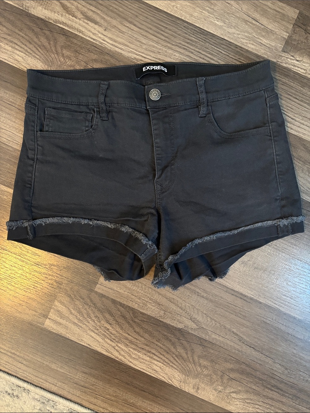 Express Black Frayed Hem Mid-Rise Denim Shorts